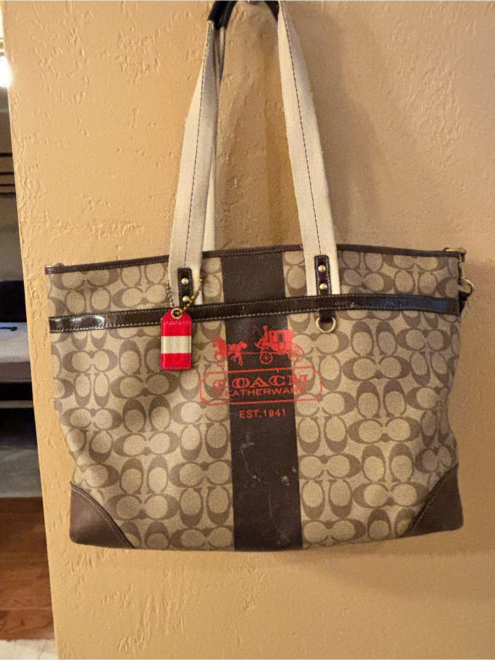 Coach Signature Canvas Tote in Beige, Brown and Red Accent